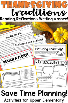 thanksgiving traditions reading passages on a students desk with pumpkins November Traditions, Balloons Over Broadway, Modern Classroom, Holiday Lessons, Ela Activities