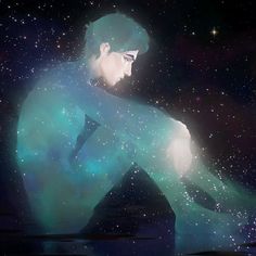 a man is holding something in his hands and looking at the sky with stars around him