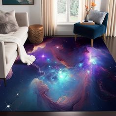 a living room with an area rug that looks like the outer planets are in space