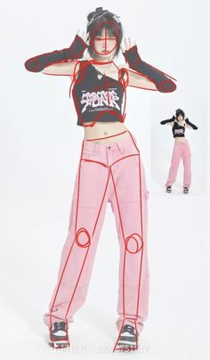 a woman in pink pants and black top with her hands on her head while standing