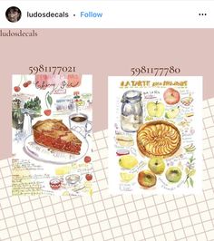 two postcards with pictures of food and drinks on them, one has an apple pie