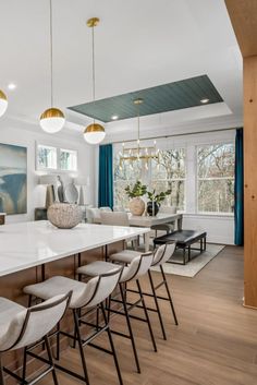 shiplap tray ceiling, modern pendant lights, marble countertops, 2024 interior trends, design trends Layered Lighting, Home Office Space, The Drama, Natural Elements, Range Hood, Home Office Design, Jewel Tones, New Builds, Home Decor Kitchen