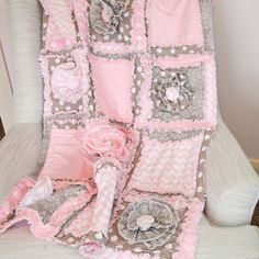 Flower Ruffle Crib Bedding in Baby Pink and Gray Bedding For Girls, Pink Crib Bedding, Girls Rag Quilt, Quilt Instructions, Rag Quilt Patterns, Girl Crib Bedding Sets, Baby Crib Quilt, Pink Crib