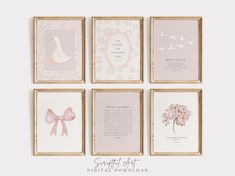 four framed pictures with pink flowers and birds on them, one is for a baby's first birthday