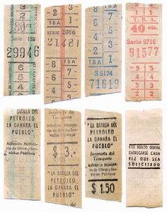 an old ticket set with numbers and times on it's sides, all in different colors