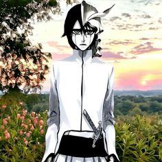 an anime character standing in the grass with a knife on his hip and looking off into the distance