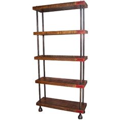 three wooden shelves with wheels on each side and one red line in the middle, against a white background