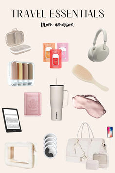 travel essentials from amazon on a white background with text overlay that reads, travel essentials from amazon