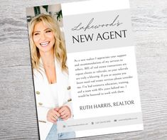 a brochure for a real estate agent is displayed on a wooden table with a white background