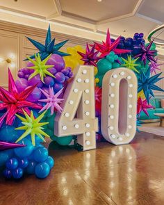 the number forty sits in front of balloons and streamers that spell out'40 '