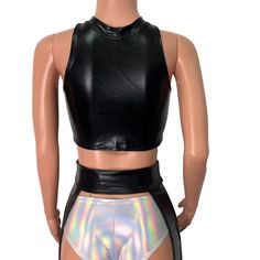 High-neck cutout crop top with sexy keyhole front. This top fits men or women for a unisex rave style. Made of 4-way stretch spandex. We can make this top in any of our 60+ fabrics if you request it in the personalization box! Please refer to the Women's size chart with your chest/bust measurement for sizing. Punk Style Stretch Cropped Tops, Edgy Stretch Crop Top, Stretch Cropped Punk Tops, Punk Style Cropped Stretch Tops, High Stretch Cropped Top For Club, Fitted Futuristic Black Top, Edgy Fitted Halter Crop Top, Futuristic Fitted Black Top, Fitted Cropped Punk Tops