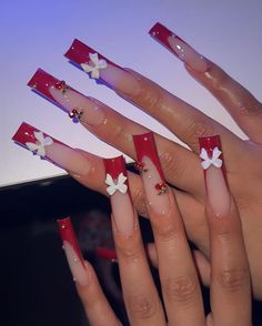 ˗ˏˋ 🍒 ˎˊ˗ . . . . . . #nailinspo #nails #nailsofinstagram #nailart #nailsoftheday #nailtech #naildesigns #acrylicnails #gelnails #naildesign #mx #nailsonfleek #nailsnailsnails #nailartist #explorepage #longnails #nailaddict #hispanic #nailporn #inspire #nailideas #nailinspiration #nail #nailstagram #glitternails #nailsdesign #manicure #gelpolish #explore #instanails #nailstyle Cute Nail Ideas Long Square, Red Acrylics With Design, Red Long Square Acrylic Nails, Red French Tip Design Nails, Long Nails Red Design, Red French Nails Coffin, Red French Tip Christmas Nails Square, Cherry Rhinestone Nails, Red Christmas Nails Acrylic Long