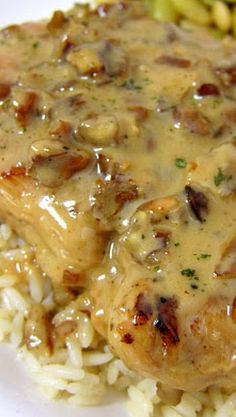 closeup of chicken covered in gravy with rice and parmesan cheese