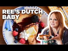 a woman holding a plate with food on it and the words reese's dutch baby