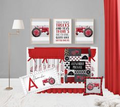 a baby crib bedding set with red and white farm animals, tractor prints, and matching pillow cases