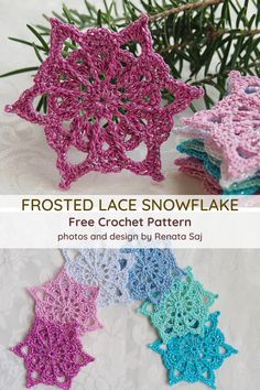 four crocheted snowflakes are shown in different colors and sizes, one is