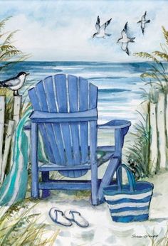 a beach scene with a blue chair and flip flops