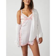 Nwt Free People Intimately On The Rise Mini Slip Pink And White Feminine Chemise With Built-in Bra, White V-neck Nightgown For Pajama Party, White V-neck Sleepwear For Sleepover, White Sleepwear With Built-in Bra For Spring, White V-neck Sleepwear For Summer, Feminine Summer Chemise For Sleep, White V-neck Chemise For Loungewear, White Nightgown For Pajama Party In Spring, White Nightgown For Spring Pajama Party