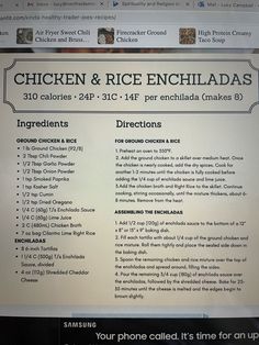 the menu for chicken and rice enchiladas