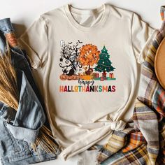 Happy Hallothanksmas Shirt, Holiday Season Shirt, Halloween Shirt This Tee Shirt Is Absolutely Brand New, Complete With Tags Still Securely Attached. It Remains Untouched And Is Accessible In A Wide Range Of Sizes, Catering To Both Men And Women, From S To 3xl. These Tees Boast An Exceptional Level Of Softness, Offering A Comfortable, Relaxed Fit For Women And A Classic Fit For Men. To Ensure They Retain Their Top-Notch Quality, It Is Strongly Recommended To Launder Them With Cold Water. Additio Cotton T-shirt For Fall Holiday, Holiday Letter Print T-shirt For Fall, Hallothanksmas Shirt, Black Sabbath The End, Better Men, Happy Hallothanksmas, Fit For Men, Securely Attached, Faith Shirt