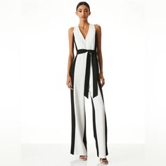 This Is Brand New And So Nice. V Neck, Wide Leg, Front Tie, Back Zipper. Black White Jumpsuit, Olivia Black, Alice And Olivia, White Jumpsuit, Leather Dresses, Wide Leg Jumpsuit, Alice Olivia, Tie Back, Black Fashion