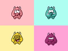 four different colored cartoon characters with faces