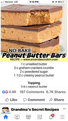 the menu for no bake peanut butter bars is shown in this screenshote