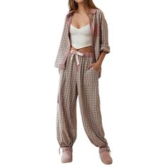 PRICES MAY VARY. Material: Women striped pajamas set made by polyester blend fabric. Soft, breathable, lightweight, skin friendly, stretchy, comfy to wear. Plaid print pajamas set for women, 2 piece sleepwear nightwear, long sleeve button down pjs set. Design: Long sleeve button down shirt, long sleeve top with pants, baggy loose fit, cute plaid pjs, striped pajamas set. Lapel v neck pajamas shirts, turn down collared, stripes print pjs set, relaxed fit blouse, checkered print tops, curved hem, Plaid Shirt Outfits, Ikat Pinggang, Stylish Pajamas, Patchwork Shirt, Contemporary Chic, Mode Design, Elastic Waist Pants, Turndown Collar, Pajama Set Women