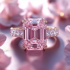 a pink diamond ring surrounded by flowers