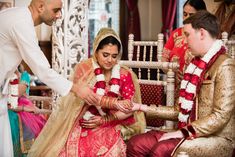 a bride and groom are getting ready for their wedding ceremony