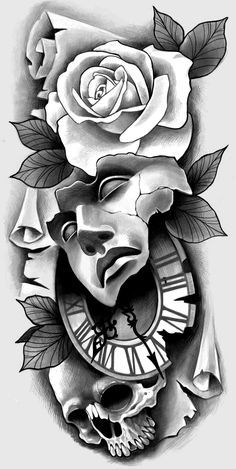 a drawing of a rose with a clock in the middle and a skull on the side