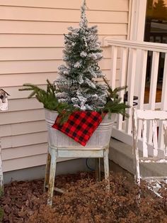 a potted christmas tree sitting on top of a wooden chair in front of a house