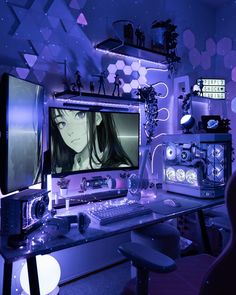 Pc Setup Aesthetic, Gaming Pc Setup, Room Arrangement Ideas, Purple Games, Desk Layout, Dream Office, Gamer Room