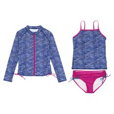 This ocean themed print features swirling, crashing waves in a classic navy monochromatic palette. Solid fuchsia pops add the perfect detail   This three piece long sleeve bikini bottom set is the best of both worlds! It’s a tankini with bikini bottoms, absolutely adorable all on its own, but this set also comes with a Monochromatic Palette, Crashing Waves, Swim Sets, Ocean Breeze, Girls Long Sleeve, Mini Fashion, Rash Guard, Three Piece, Skin Protection