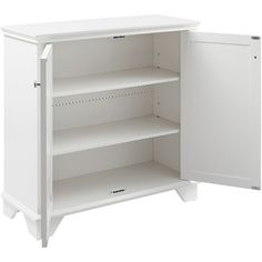 an open white cabinet with shelves and doors on both sides, isolated against a white background