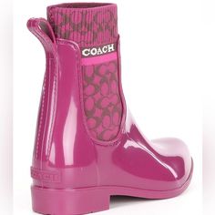 Heel Height: 1.0" Shaft Height: 6.5" Shaft Circumference: 10.0" Materials Rubber And Fabric Upper Fabric Lining And Footbed Rubber Outsole Pink Coach Boots, Pink Boots, Fabulous Shoes, Coach Shoes, Winter Rain, Bootie, Rain Boots, Heel Height, Shoe Boots