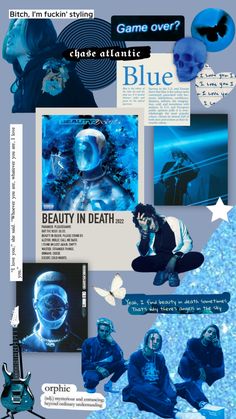 a collage of blue images and text