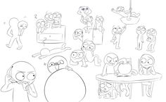 an image of some cartoon characters in the style of line art, with various expressions