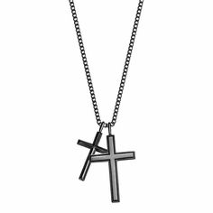 The Cross Necklace is a quintessential men's jewelry piece and we've made it a point to perfect it. We wanted to create a Cross Necklace that was classic yet edgy, high quality yet affordable and bold but not overdone - and we think we've done exactly that. The Cross Necklace comes with a Micro Curb style chain and the chain length of your choice! The pendant and chain are made from high-grade Stainless Steel. The Cross Necklace features two 3D style cross pendants with the larger standing at 1 Black Necklace With Adjustable Chain For Streetwear, Edgy Black Stainless Steel Necklace, Black Jewelry With Adjustable Chain For Streetwear, Black Cross Jewelry For Streetwear, Edgy Black Necklace For Streetwear, Classic Black Cross Jewelry, Modern Black Jewelry For Streetwear, Minimalist Black Cross Pendant Jewelry, Minimalist Black Jewelry For Streetwear