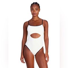 New With Tags! The Kate Spade Cut Out One Piece Swimsuit Takes A Simple Silhouette And Adds Contrasting Trim And A Flattering Cut Out In The Front And Back With A Tie Bow For A Stylish Swimsuit Statement. Product Details Scoop Neck Adjustable Shoulder Straps Cutout Midriff Cutout Back With Self-Tie Closure Removable Soft Cups High-Cut Legs Full Bottom Coverage Contrast Trim Lined Imported Size L (Might Fit Smaller, So If You’re Size M, This Will Fit You Really Good Too) Color Feels More Milky Th White Cutout Fitted Bodysuit, White Sleeveless Cutout Bodysuit, Fitted White Cutout Bodysuit, White Cutout Bodysuit For Beachwear, White Cutout One-piece Bodysuit, Chic White Bodysuit For Pool, Chic White Bodysuit For The Pool, White Cutout Bodysuit, White Bow Tie