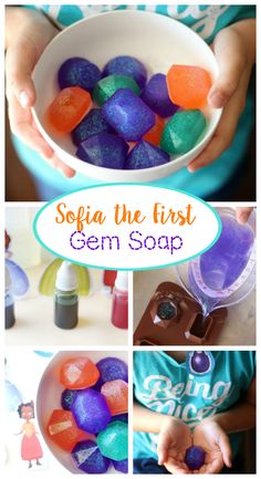 several pictures of different colored candies in a bowl with the words sofia the first gen