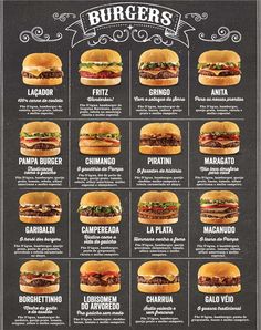 a menu for burgers with different types of hamburgers on the top and bottom