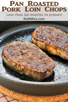 two steaks are cooking in a skillet