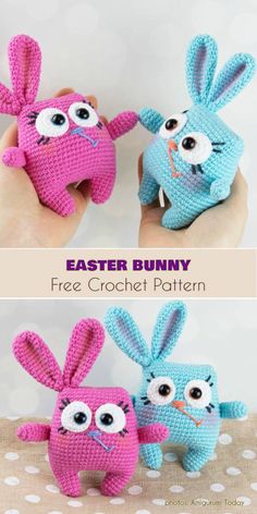 two crocheted stuffed animals in the shape of bunnies with googly eyes