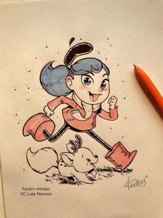 a drawing of a cartoon girl running with a dog and an umbrella in her hand