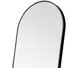 an oval shaped mirror is shown on a white background and black trimmings are visible