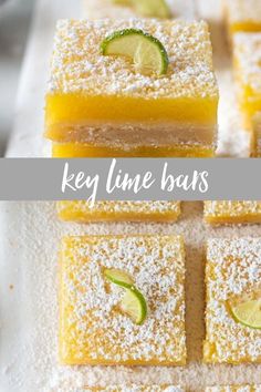 key lime bars with powdered sugar on top and the words key lime bars above them