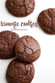 chocolate brownie cookies stacked on top of each other with text overlay that reads, brownie cookies