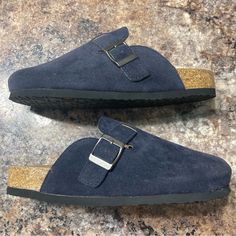 Gorgeous Navy Blue Suede, An Adjustable Buckle, And Super Comfy For Running Around Town. Size 38 Blue Closed Toe Clogs With Leather Footbed, Casual Blue Mules With Cushioned Footbed, Blue Clogs With Leather Footbed And Round Toe, Blue Slip-on Clogs With Cork-bed Midsoles, Blue Suede Slip-on Clogs, Blue Closed Toe Clogs With Buckle Closure, Blue Slip-on Mules With Cushioned Footbed, Casual Blue Mules With Flat Heel, Blue Cushioned Slip-on Mules