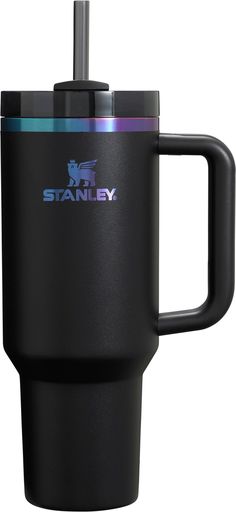 a black travel mug with the word stanley on it